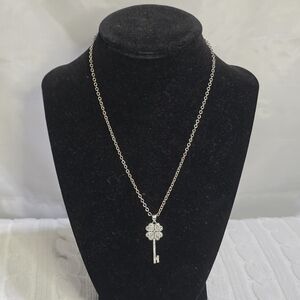 Petite Silver Tone 4 Leaf Clover Key Pendant Necklace
